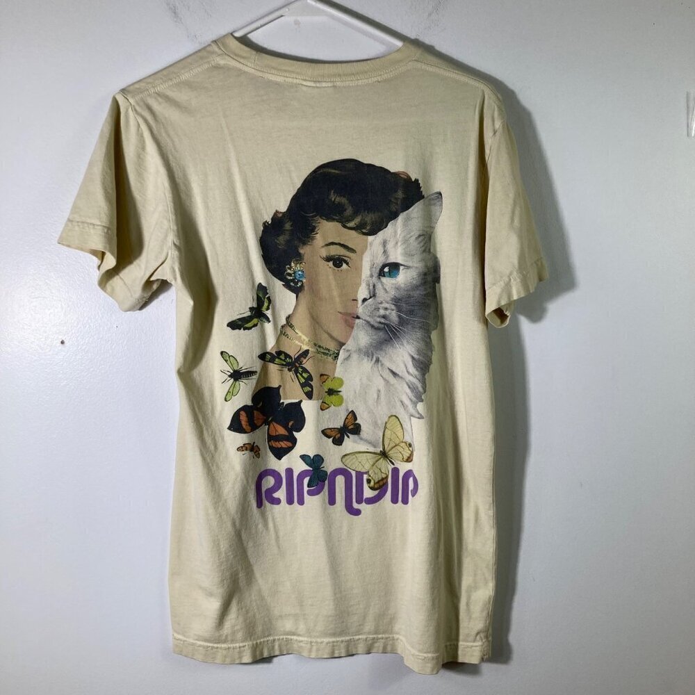 Womens Ripndip Short Sleeve Tee Shirt Cat Retro Woman Butterflies Yellow Fade S